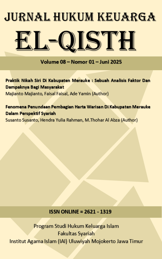 					View Vol. 8 No. 01 (2025): Juni, Jurnal Hukum Keluarga Islam El-Qisth
				